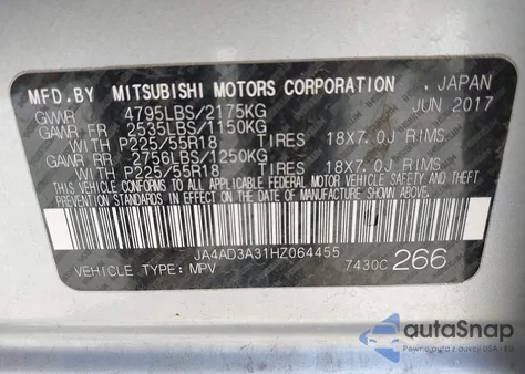 2017 Mitsubishi Outlander Se из США, поврежденный, VIN JA4AD3A31HZ064455